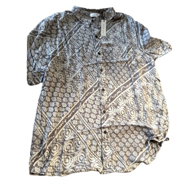 Raga Man Steven Button Down SS, Boho Style Shirt, Gray and Cream. Large. NWT! - Picture 6 of 7